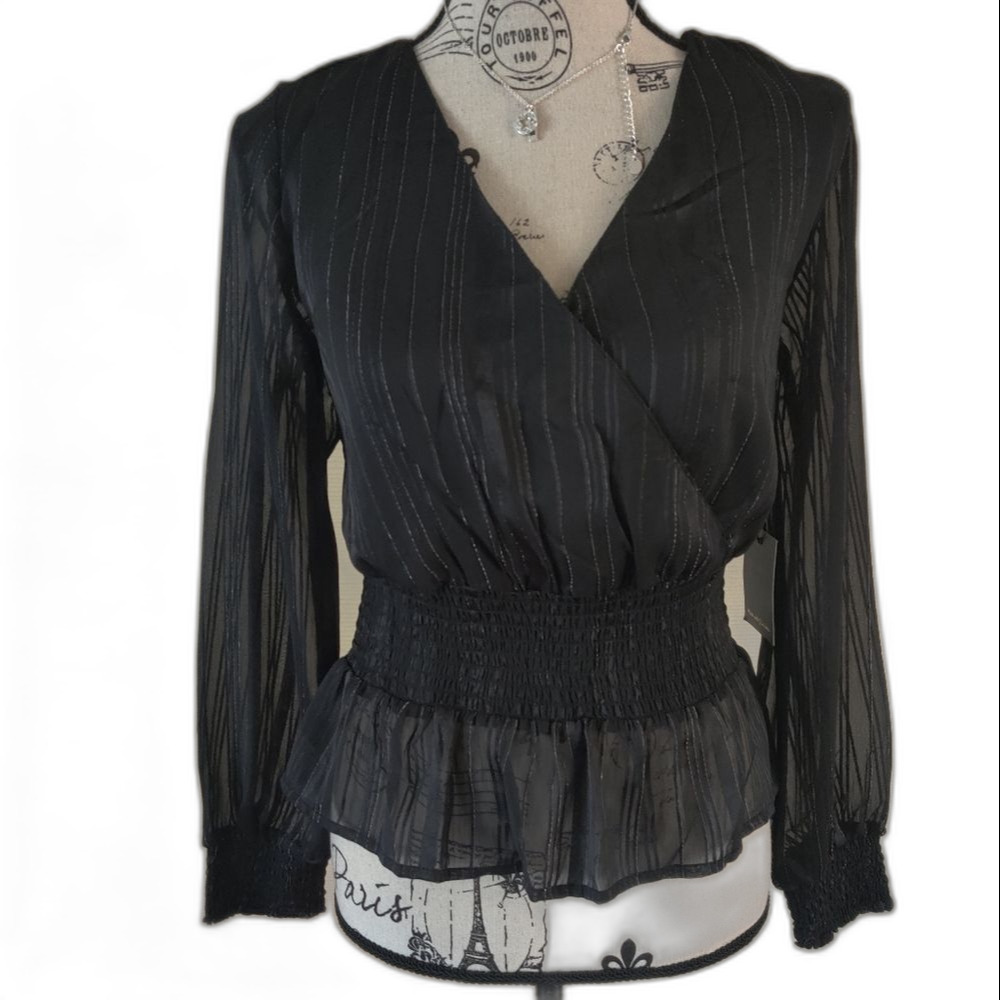 🆕 Japna Black with Metallic White Pinstripes Long sleeve semi-sheer blouse_XS